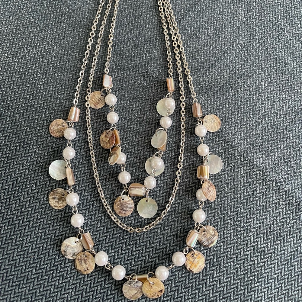 Premier Designs Jewelry Coastal Multi Strand Shell Pearl Necklace in Silver Tone